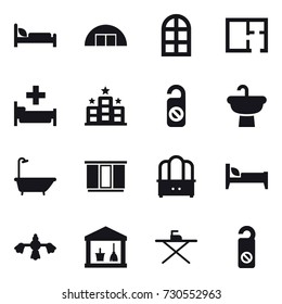 16 vector icon set : hangare, arch window, plan, hospital, hotel, do not distrub, bath, wardrobe, dresser, bed, hard reach place cleaning, utility room, iron board