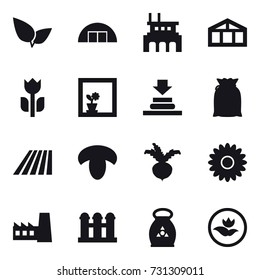 16 vector icon set : hangare, factory, greenhouse, flower in window, field, mushroom, beet, flower, grain elevator, fertilizer, ecology