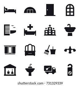 16 vector icon set : hangare, door, arch window, hotel, hospital, wardrobe, dresser, bucket and broom, hard reach place cleaning, utility room, water tap sink, home call cleaning, do not distrub