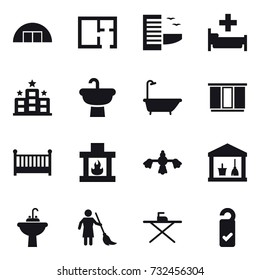 16 vector icon set : hangare, plan, hotel, hospital, bath, wardrobe, crib, fireplace, hard reach place cleaning, utility room, water tap sink, brooming, iron board, please clean