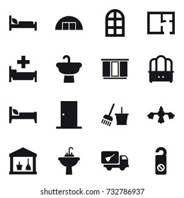 16 vector icon set : hangare, arch window, plan, hospital, wardrobe, dresser, bed, door, bucket and broom, hard reach place cleaning, utility room, water tap sink, home call cleaning, do not distrub