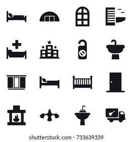 16 vector icon set : hangare, arch window, hotel, hospital, do not distrub, wardrobe, bed, crib, door, fireplace, hard reach place cleaning, water tap sink, home call cleaning