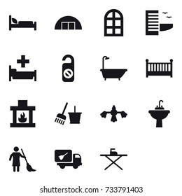 16 vector icon set : hangare, arch window, hotel, hospital, do not distrub, bath, crib, fireplace, bucket and broom, hard reach place cleaning, water tap sink, brooming, home call cleaning