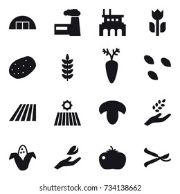 16 vector icon set : hangare, factory, seeds, field, mushroom, harvest, corn, hand leaf, tomato, pruner