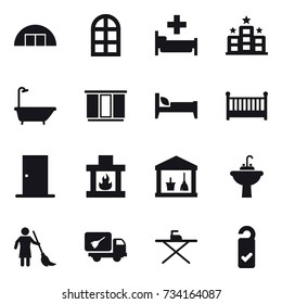 16 vector icon set : hangare, arch window, hospital, hotel, bath, wardrobe, bed, crib, door, fireplace, utility room, water tap sink, brooming, home call cleaning, iron board, please clean