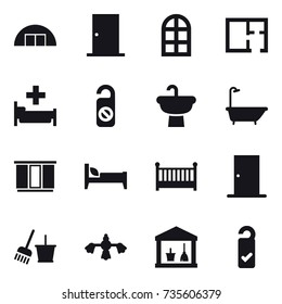 16 vector icon set : hangare, door, arch window, plan, hospital, do not distrub, bath, wardrobe, bed, crib, bucket and broom, hard reach place cleaning, utility room, please clean