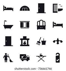 16 vector icon set : hangare, door, hotel, bath, wardrobe, dresser, bed, fireplace, bucket and broom, hard reach place cleaning, brooming, home call cleaning, iron board, please clean