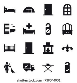 16 vector icon set : hangare, door, arch window, hotel, hospital, do not distrub, dresser, crib, fireplace, hard reach place cleaning, brooming, home call cleaning, iron board, please clean