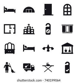 16 vector icon set : hangare, door, arch window, plan, hotel, do not distrub, wardrobe, dresser, bed, hard reach place cleaning, utility room, brooming, home call cleaning, iron board, please clean