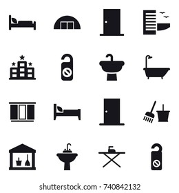 16 vector icon set : hangare, door, hotel, do not distrub, bath, wardrobe, bed, bucket and broom, utility room, water tap sink, iron board