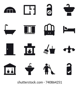 16 vector icon set : hangare, plan, do not distrub, bath, wardrobe, dresser, bed, door, fireplace, bucket and broom, hard reach place cleaning, utility room, water tap sink, brooming, please clean
