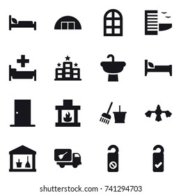 16 vector icon set : hangare, arch window, hotel, hospital, bed, door, fireplace, bucket and broom, hard reach place cleaning, utility room, home call cleaning, do not distrub, please clean