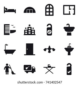 16 vector icon set : hangare, arch window, plan, hotel, do not distrub, bath, door, hard reach place cleaning, water tap sink, brooming, home call cleaning, iron board, please clean