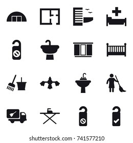 16 vector icon set : hangare, plan, hotel, hospital, do not distrub, wardrobe, crib, bucket and broom, hard reach place cleaning, water tap sink, brooming, home call cleaning, iron board