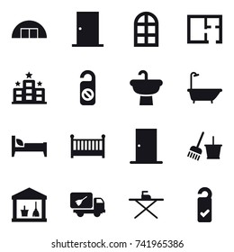 16 vector icon set : hangare, door, arch window, plan, hotel, do not distrub, bath, bed, crib, bucket and broom, utility room, home call cleaning, iron board, please clean