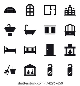 16 vector icon set : hangare, arch window, plan, hotel, bath, wardrobe, dresser, bed, crib, door, fireplace, bucket and broom, utility room, do not distrub, please clean