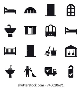 16 vector icon set : hangare, door, arch window, wardrobe, dresser, bed, crib, bucket and broom, utility room, water tap sink, brooming, home call cleaning, please clean