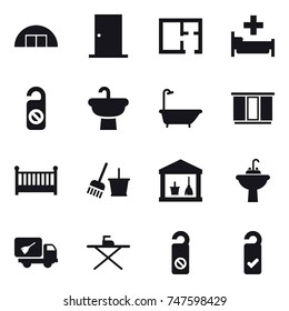 16 vector icon set : hangare, door, plan, hospital, do not distrub, bath, wardrobe, crib, bucket and broom, utility room, water tap sink, home call cleaning, iron board, please clean