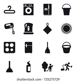 16 vector icon set : hanger, washing machine, fridge, bucket, mixer, kettle, rag, broom, plunger, toilet cleanser, garden cleaning, vacuum cleaner