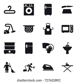 16 vector icon set : hanger, washing machine, fridge, cutting board, vacuum cleaner, colander, apron, wiping, water tap sink, brooming, iron, iron board