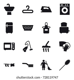16 vector icon set : hanger, iron, washing machine, fridge, kolander, apron, vacuum cleaner, wiping, drying clothe, brush, brooming, duster
