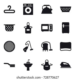 16 vector icon set : hanger, washing machine, kettle, kolander, colander, apron, vacuum cleaner, sponge, brush, water tap sink, iron