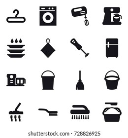 16 vector icon set : hanger, washing machine, mixer, coffee maker, plate washing, rag, bucket, broom, vacuum cleaner, brush, washing powder