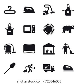 16 vector icon set : hanger, iron, vacuum cleaner, apron, sheep, sponge, utility room, brooming, duster, home call cleaning