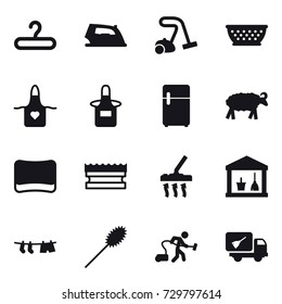 16 vector icon set : hanger, iron, vacuum cleaner, kolander, apron, sheep, sponge, utility room, drying clothe, duster, home call cleaning