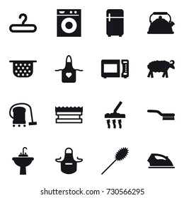 16 vector icon set : hanger, washing machine, fridge, kettle, colander, apron, sheep, vacuum cleaner, sponge, brush, water tap sink, duster, iron