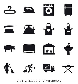 16 vector icon set : hanger, iron, washing machine, fridge, cutting board, kettle, apron, pig, sponge, utility room, water tap sink, brooming, vacuum cleaner, home call cleaning, iron board