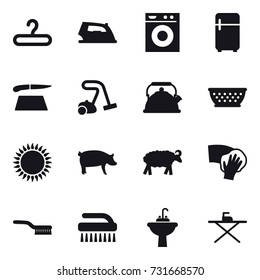 16 vector icon set : hanger, iron, washing machine, fridge, cutting board, vacuum cleaner, kettle, kolander, pig, sheep, wiping, brush, water tap sink, iron board