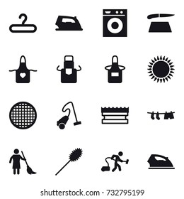 16 vector icon set : hanger, iron, washing machine, cutting board, apron, vacuum cleaner, sponge, drying clothe, brooming, duster