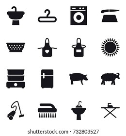 16 vector icon set : hanger, washing machine, cutting board, kolander, apron, pig, sheep, vacuum cleaner, brush, water tap sink, iron board