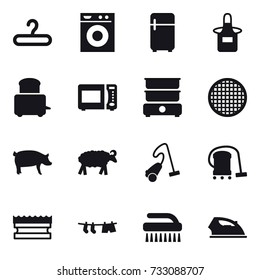 16 vector icon set : hanger, washing machine, fridge, apron, pig, sheep, vacuum cleaner, sponge, drying clothe, brush, iron