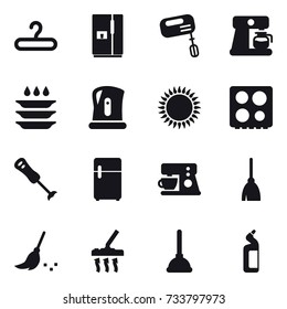16 vector icon set : hanger, fridge, mixer, coffee maker, plate washing, kettle, broom, vacuum cleaner, plunger, toilet cleanser