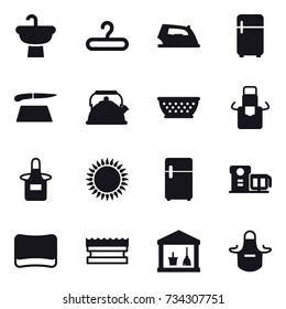 16 vector icon set : hanger, iron, fridge, cutting board, kettle, kolander, apron, sponge, utility room