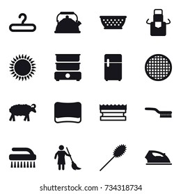 16 vector icon set : hanger, kettle, kolander, apron, sheep, sponge, brush, brooming, duster, iron
