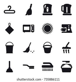16 vector icon set : hanger, broom, kettle, rag, bucket, vacuum cleaner, plunger, brush, washing powder