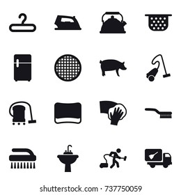 16 vector icon set : hanger, iron, kettle, colander, pig, vacuum cleaner, sponge, wiping, brush, water tap sink, home call cleaning