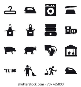 16 vector icon set : hanger, iron, washing machine, cutting board, apron, pig, sheep, wiping, utility room, drying clothe, brooming, vacuum cleaner
