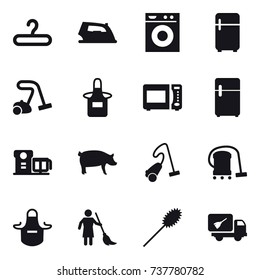 16 vector icon set : hanger, iron, washing machine, fridge, vacuum cleaner, apron, pig, brooming, duster, home call cleaning