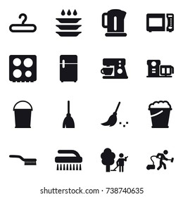 16 vector icon set : hanger, plate washing, kettle, bucket, broom, foam bucket, brush, garden cleaning, vacuum cleaner