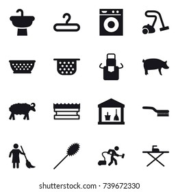 16 vector icon set : hanger, washing machine, vacuum cleaner, kolander, colander, apron, pig, sheep, sponge, utility room, brush, brooming, duster, iron board