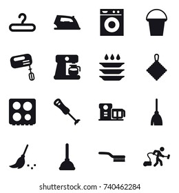 16 vector icon set : hanger, iron, washing machine, bucket, mixer, coffee maker, plate washing, rag, broom, plunger, brush, vacuum cleaner