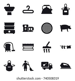 16 vector icon set : hanger, kettle, apron, pig, vacuum cleaner, sponge, drying clothe, brooming, home call cleaning, iron