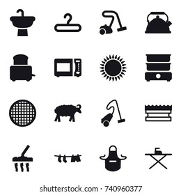 16 vector icon set : hanger, vacuum cleaner, kettle, sheep, sponge, drying clothe, apron, iron board