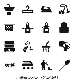 16 vector icon set : hanger, iron, vacuum cleaner, colander, apron, wiping, drying clothe, brush, sweeping, duster