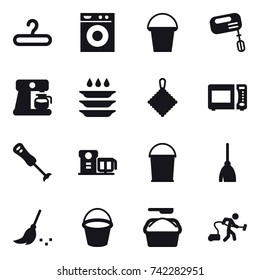 16 vector icon set : hanger, washing machine, bucket, mixer, coffee maker, plate washing, rag, broom, washing powder, vacuum cleaner