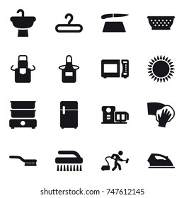 16 vector icon set : hanger, cutting board, kolander, apron, wiping, brush, vacuum cleaner, iron